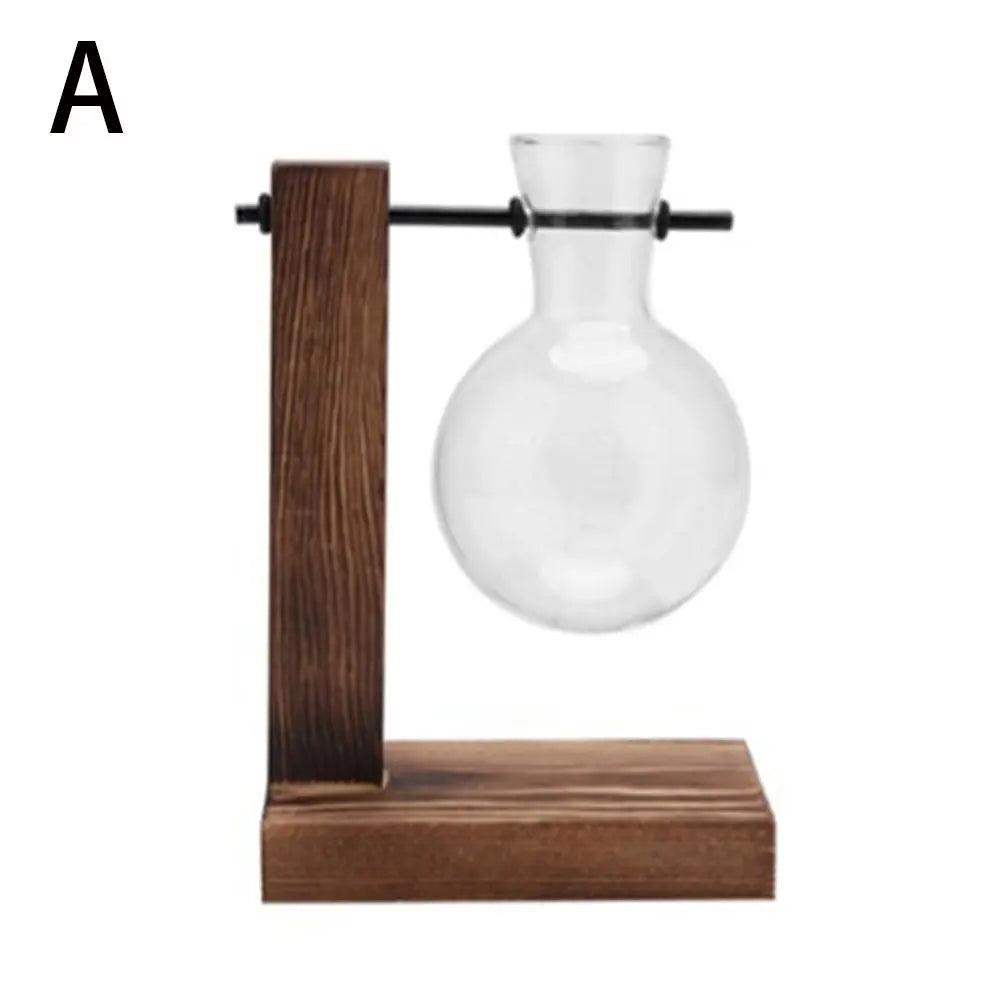 Modern Glass Vase with Wooden Stand – Hydroponic Tabletop Planter A Emma