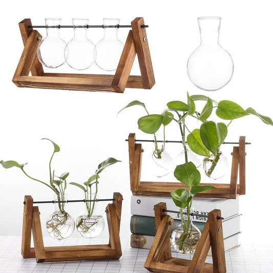 Vintage Glass Planter with Wooden Stand – Bulb Vase for Decor Emma