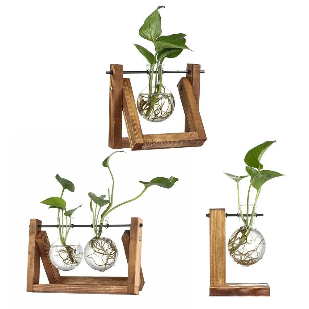 Vintage Glass Planter with Wooden Stand – Bulb Vase for Decor Emma
