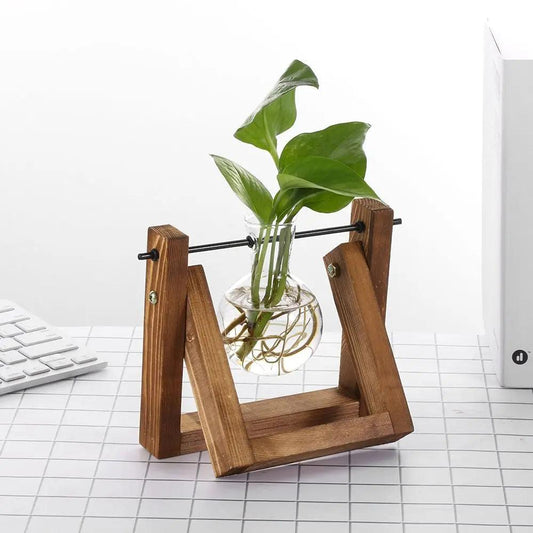 Vintage Glass Planter with Wooden Stand – Bulb Vase for Decor Emma