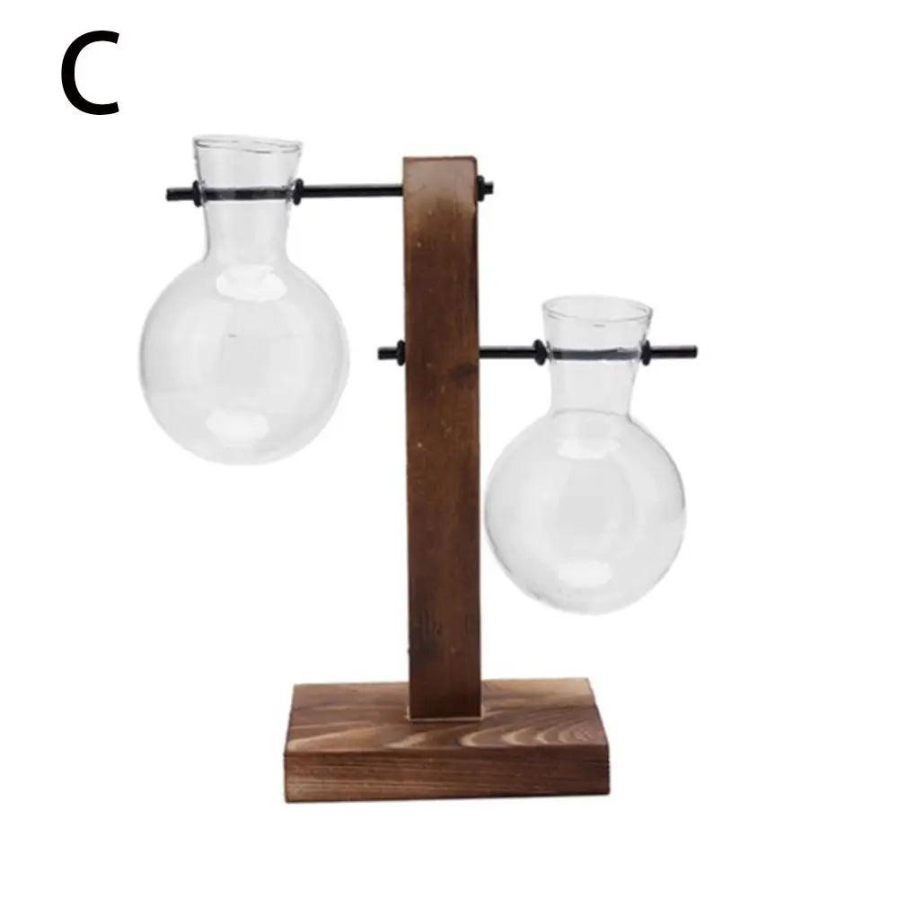 Modern Glass Vase with Wooden Stand – Hydroponic Tabletop Planter C Emma
