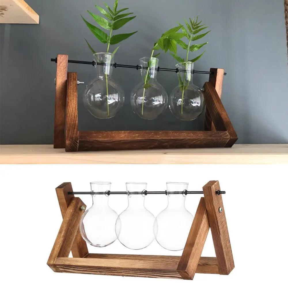Vintage Glass Planter with Wooden Stand – Bulb Vase for Decor Emma